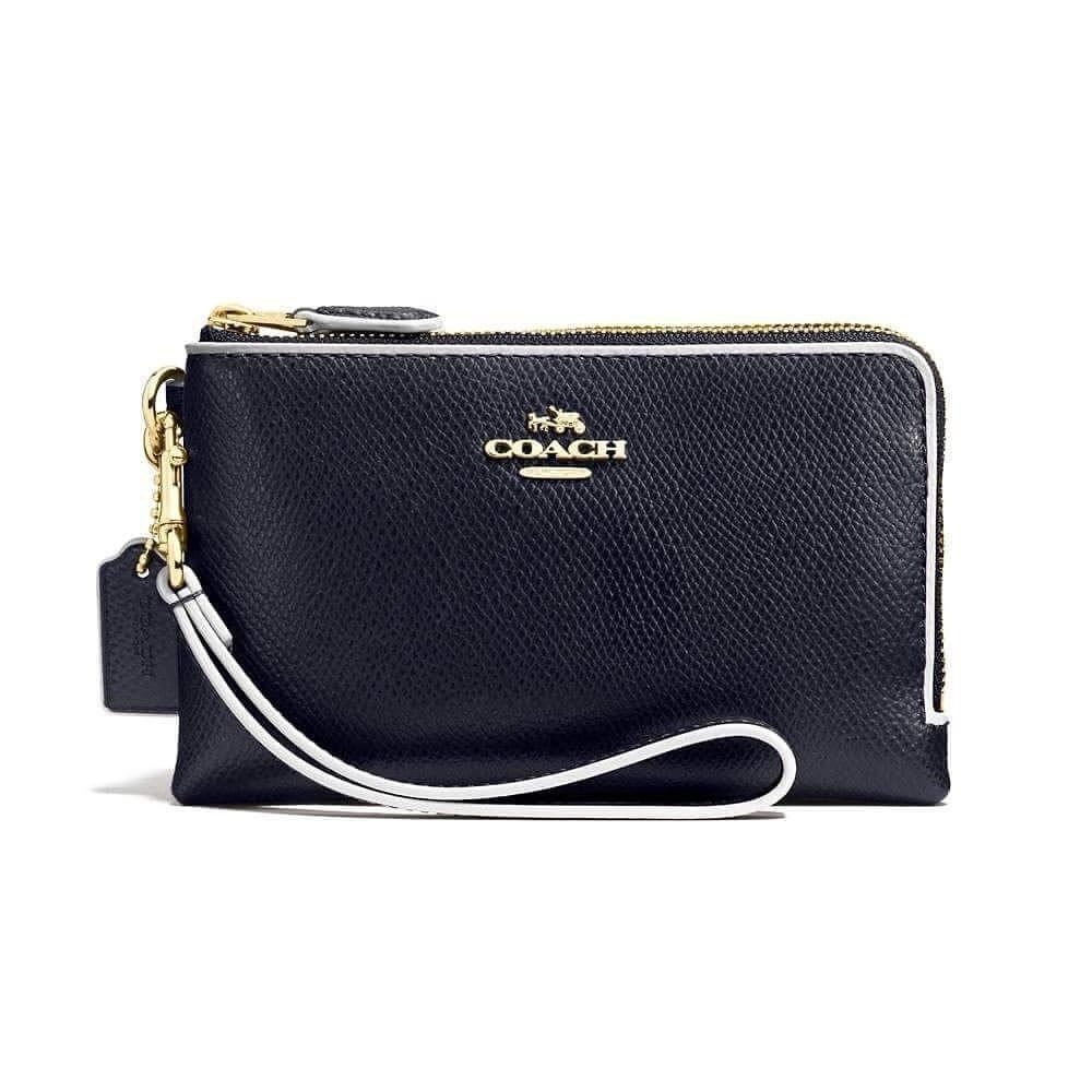 Coach Double Corner Zip Wristlet in Edgepaint Crossgrain Leather: Midnight/Chalk